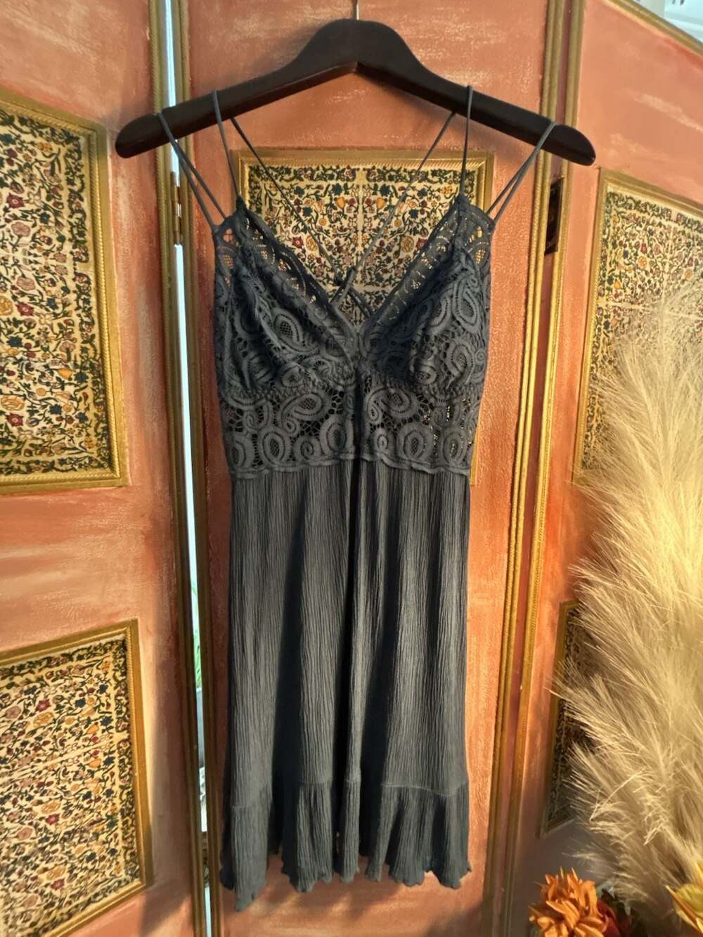 PINK Victoria's Secret Lace Mini Dress Size S Blue Crochet Cami Slip